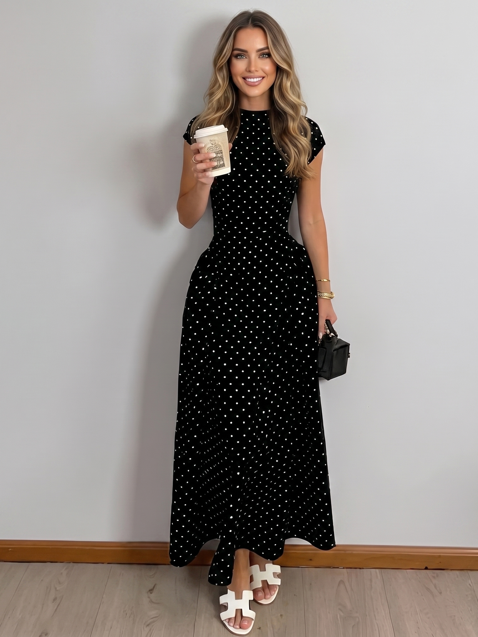 Elegant Polka-Dot Slim-Fit Dress