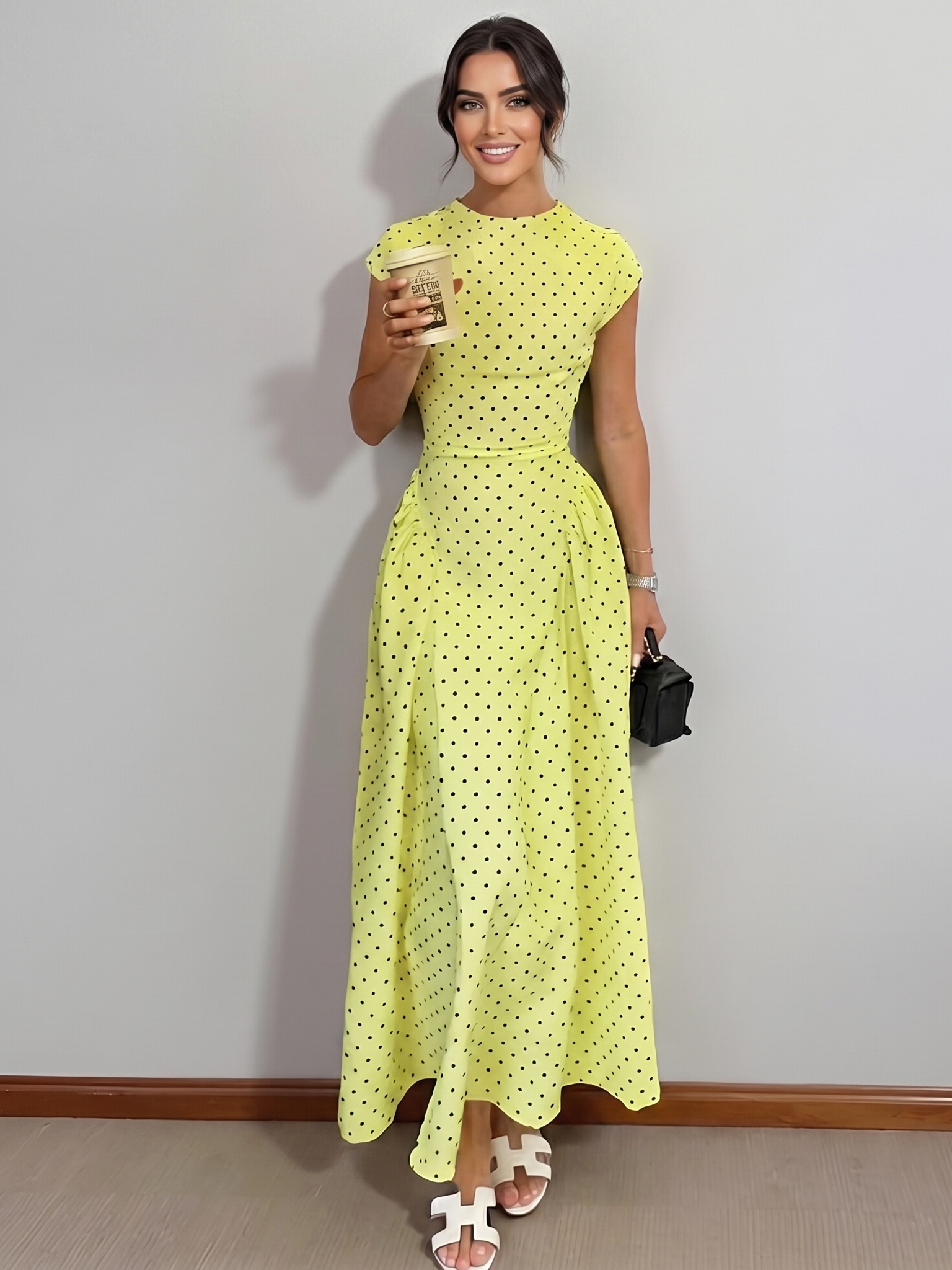 Elegant Polka-Dot Slim-Fit Dress
