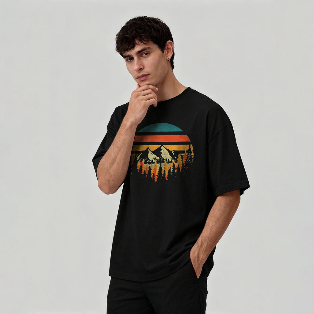 Mountain Landscape Pattern Retro Trend Cotton T-Shirt