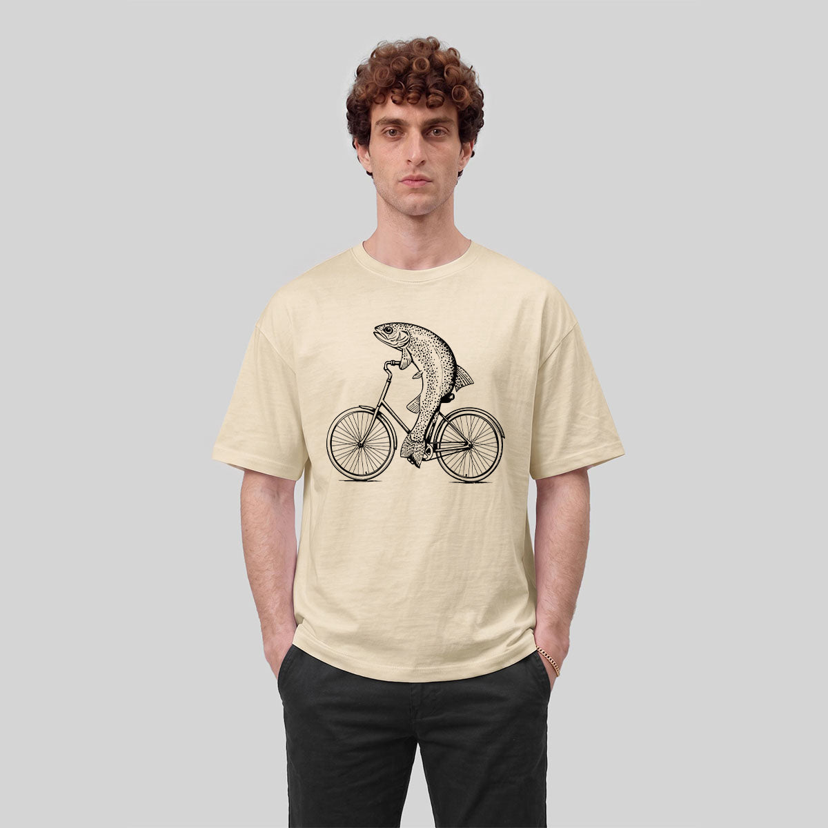 Fish Riding Bicycle Fun Pattern Cotton Casual T-Shirt