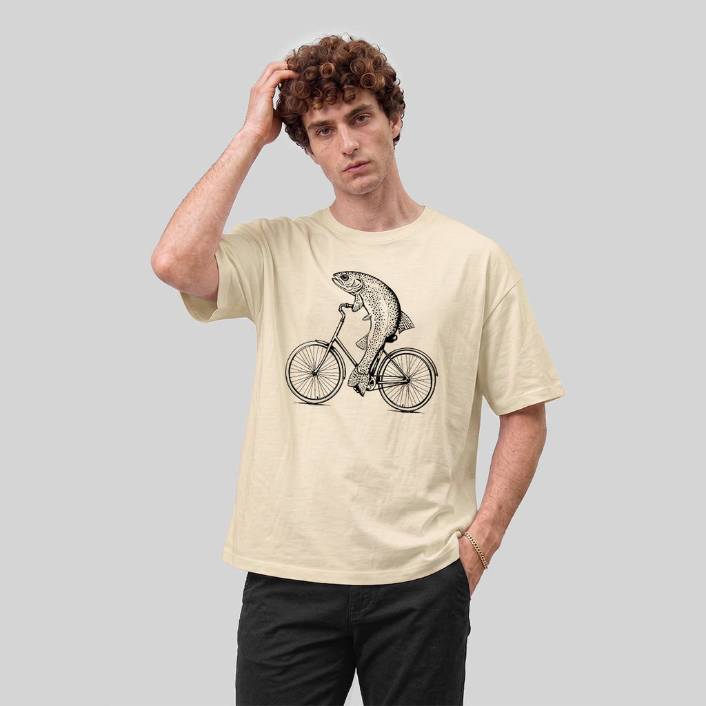Fish Riding Bicycle Fun Pattern Cotton Casual T-Shirt
