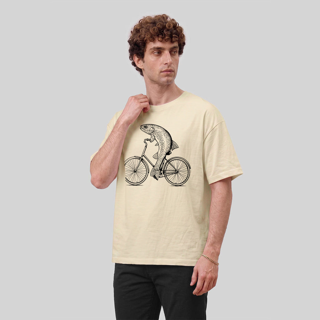 Fish Riding Bicycle Fun Pattern Cotton Casual T-Shirt