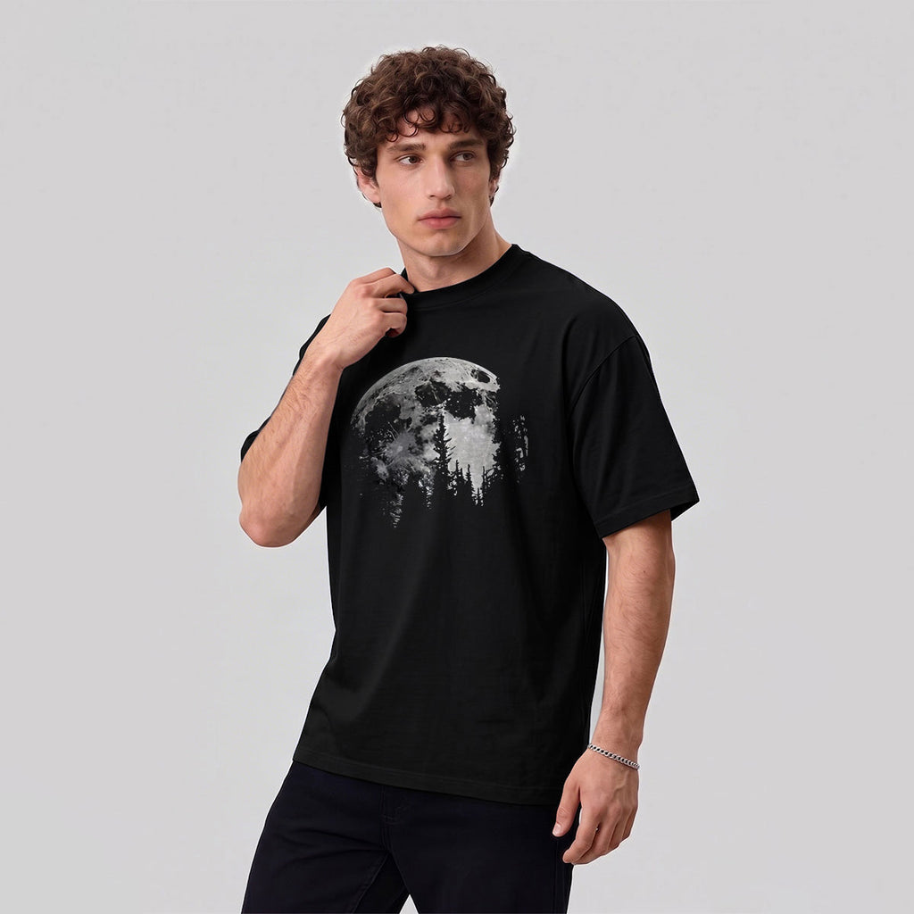Moon Print Combed Cotton Casual T-Shirt