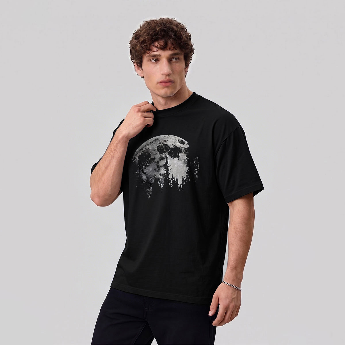 Moon Print Combed Cotton Casual T-Shirt