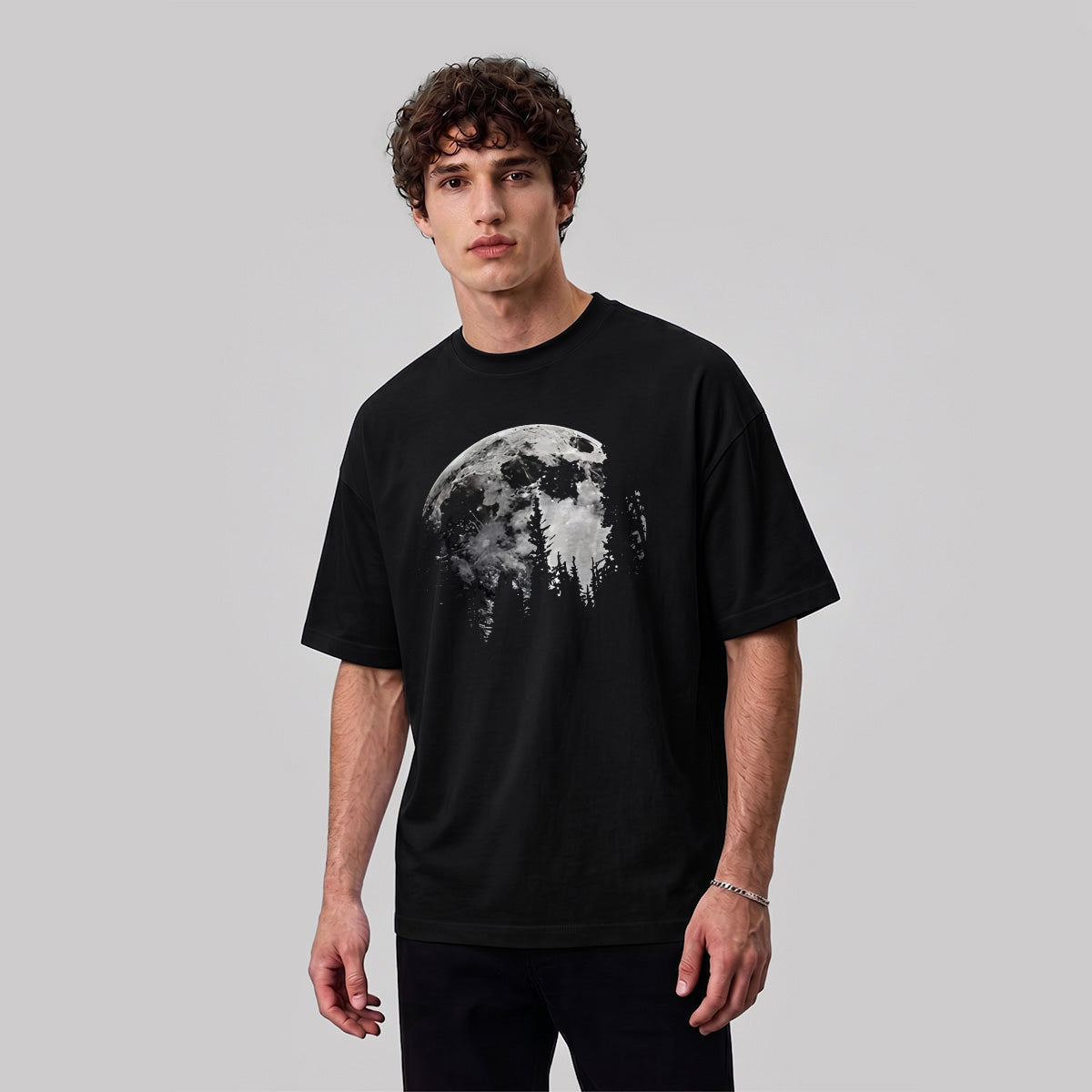 Moon Print Combed Cotton Casual T-Shirt