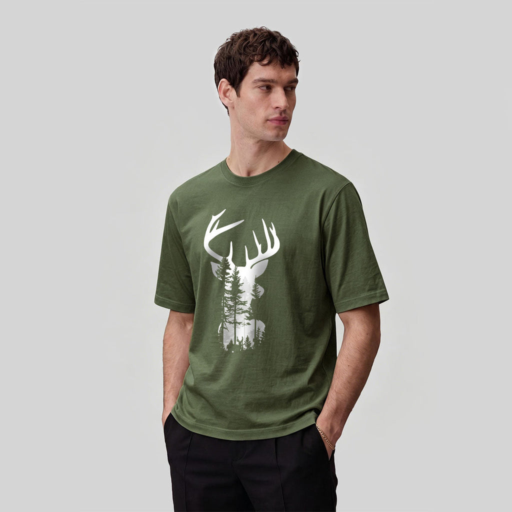 Moose Forest Print Natural Skin-Friendly T-Shirt