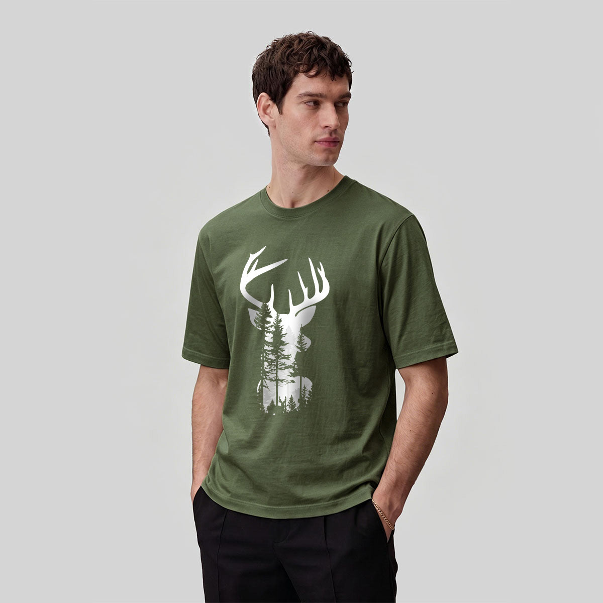 Moose Forest Print Natural Skin-Friendly T-Shirt