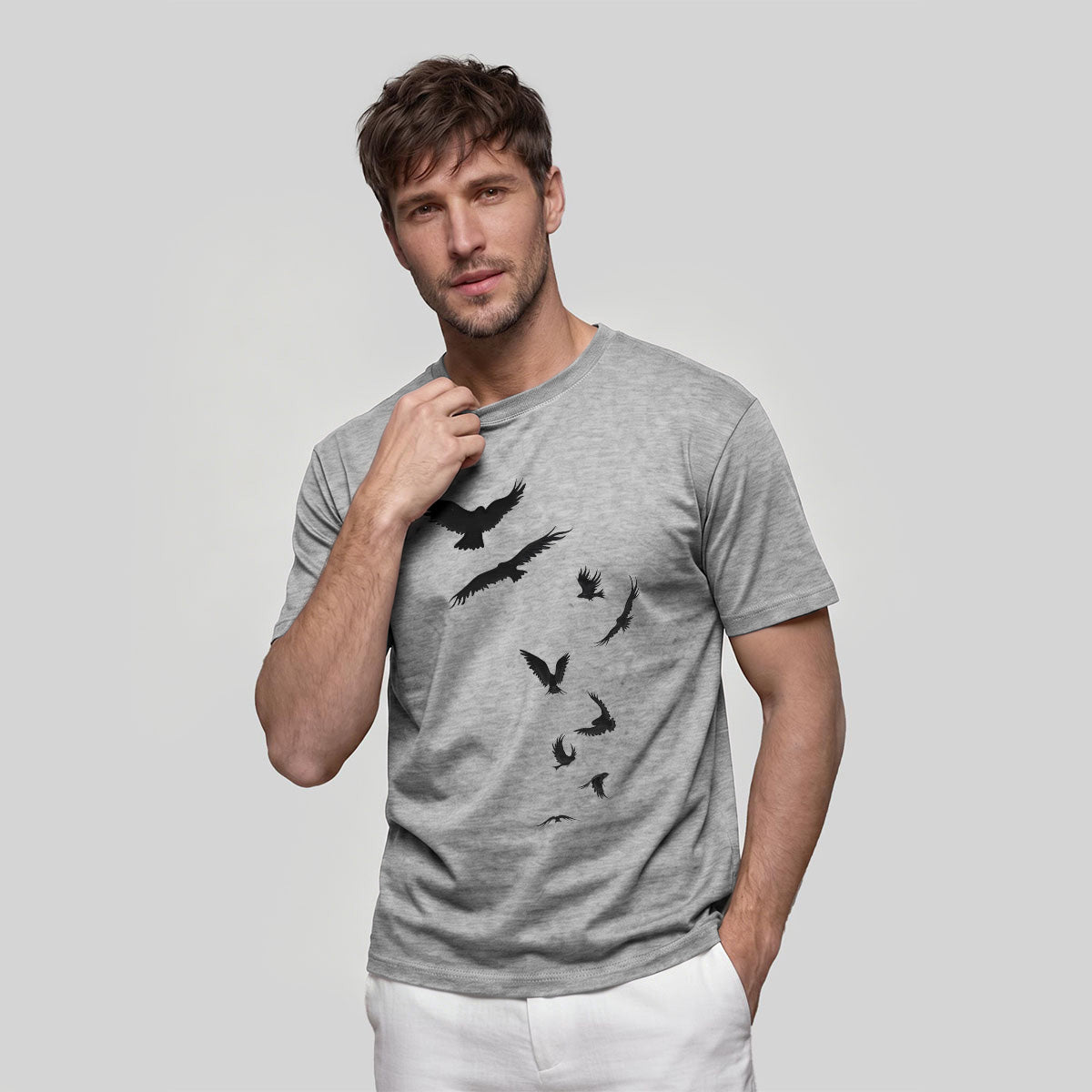 Free-Flying Birds Print Casual Cotton T-Shirt