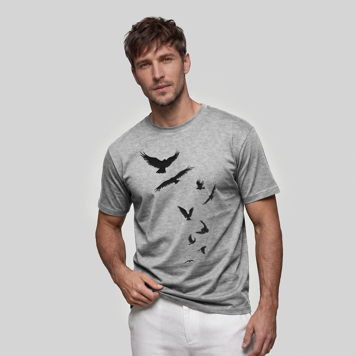 Free-Flying Birds Print Casual Cotton T-Shirt