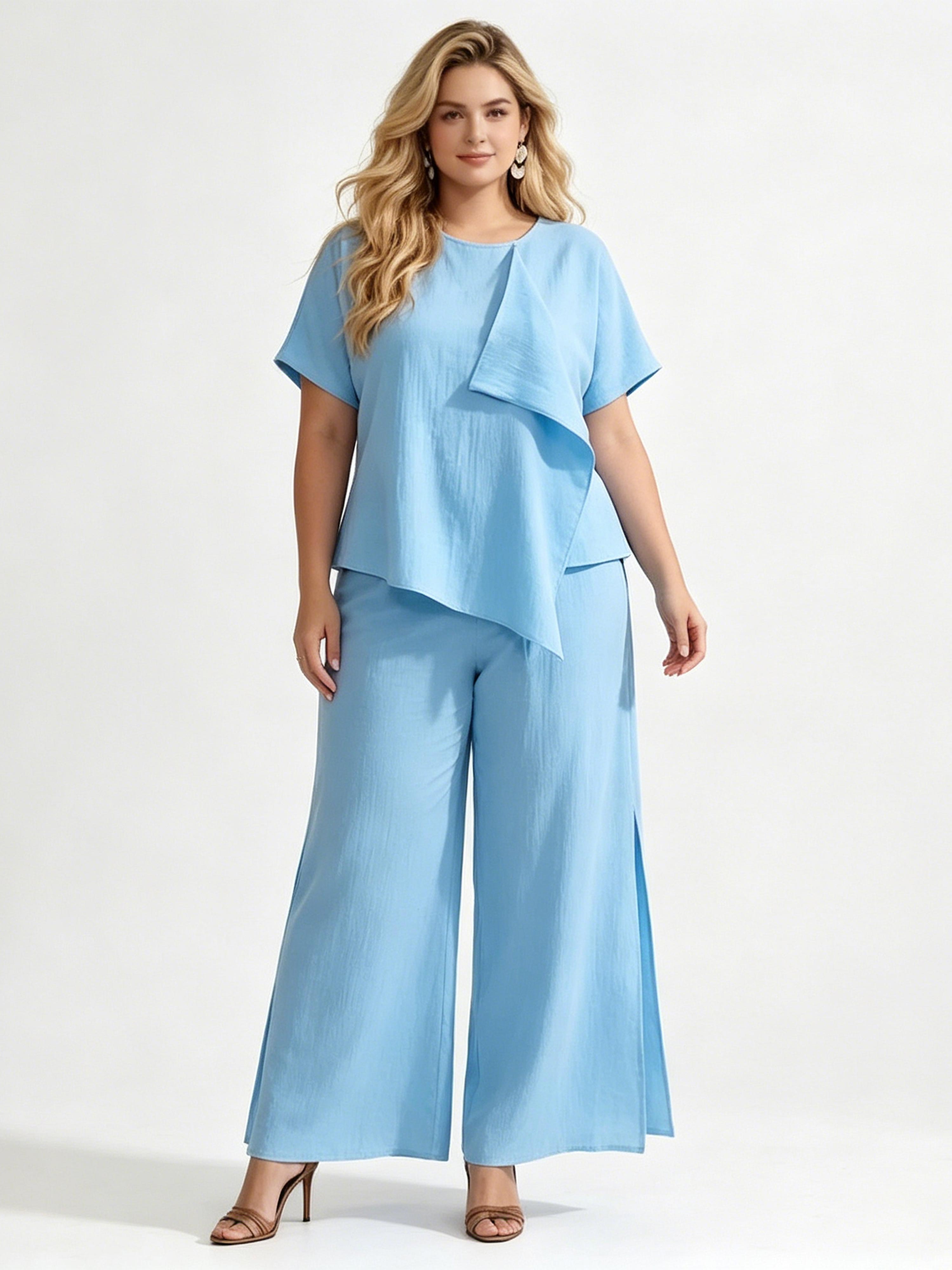 Round Neck Irregular Top Split Wide-leg Pants Set