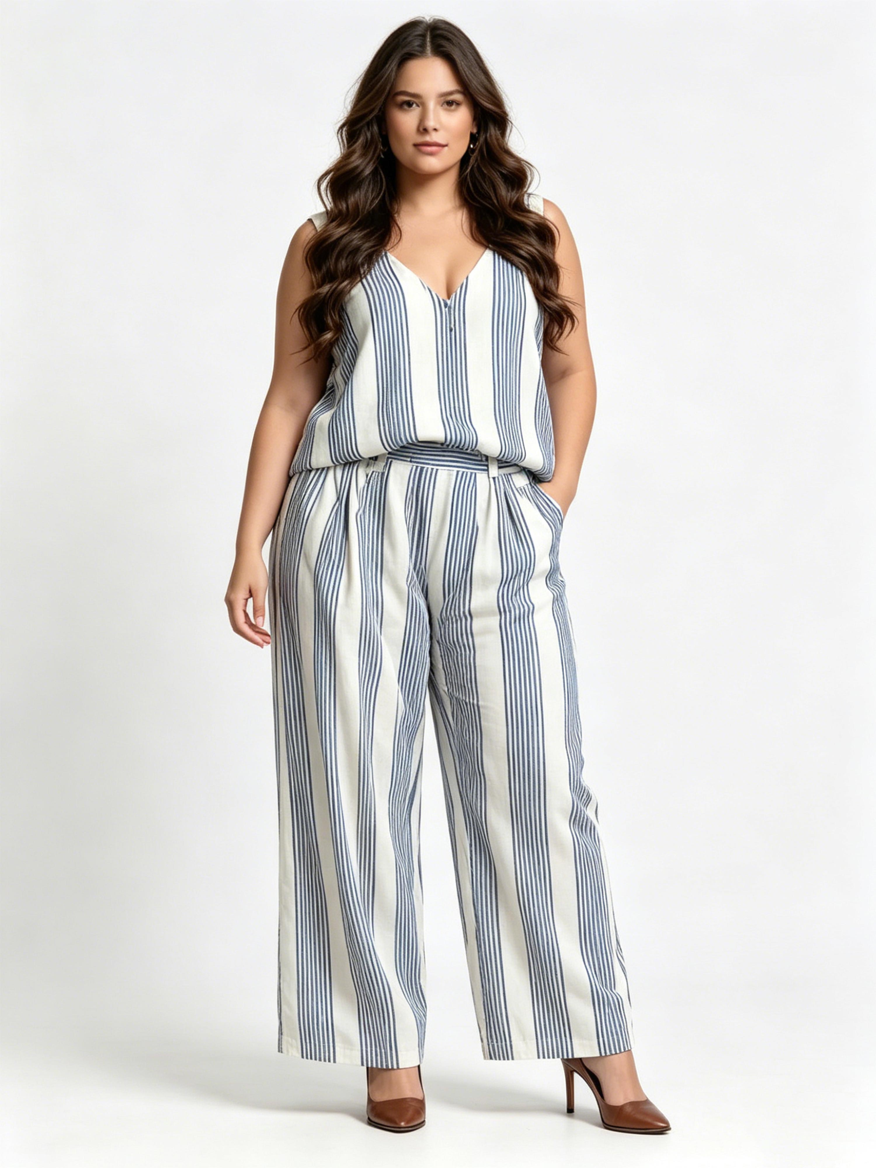 Faux-Stripe Print Bohemian-Style Elegant V-Neck Set