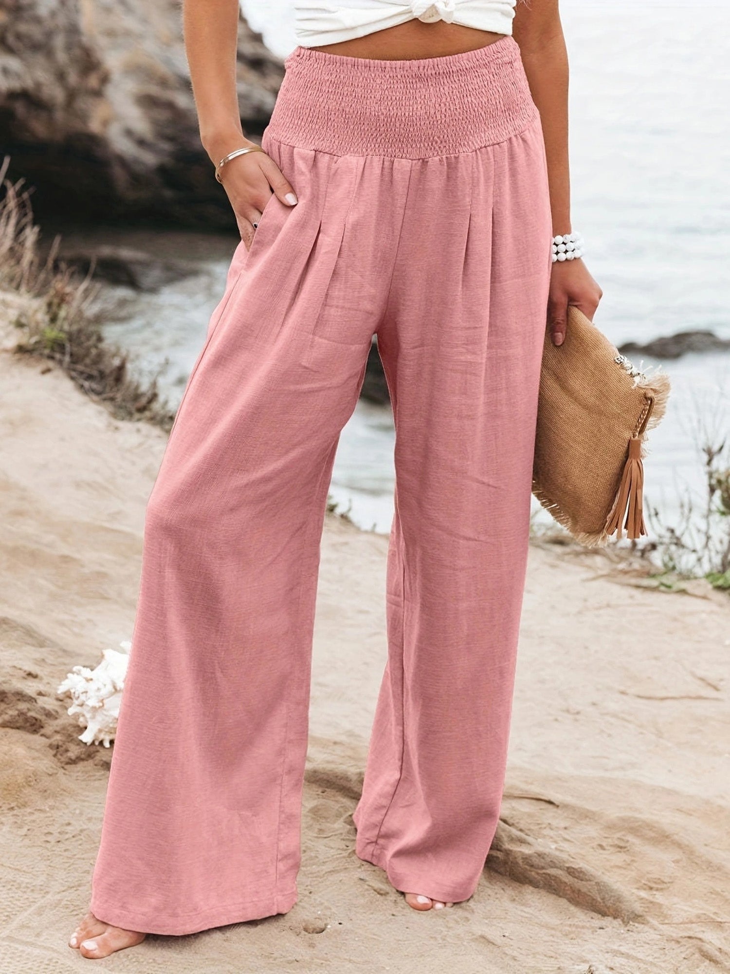 Women Cotton Linen Comfort Casual Mid Rise Pants