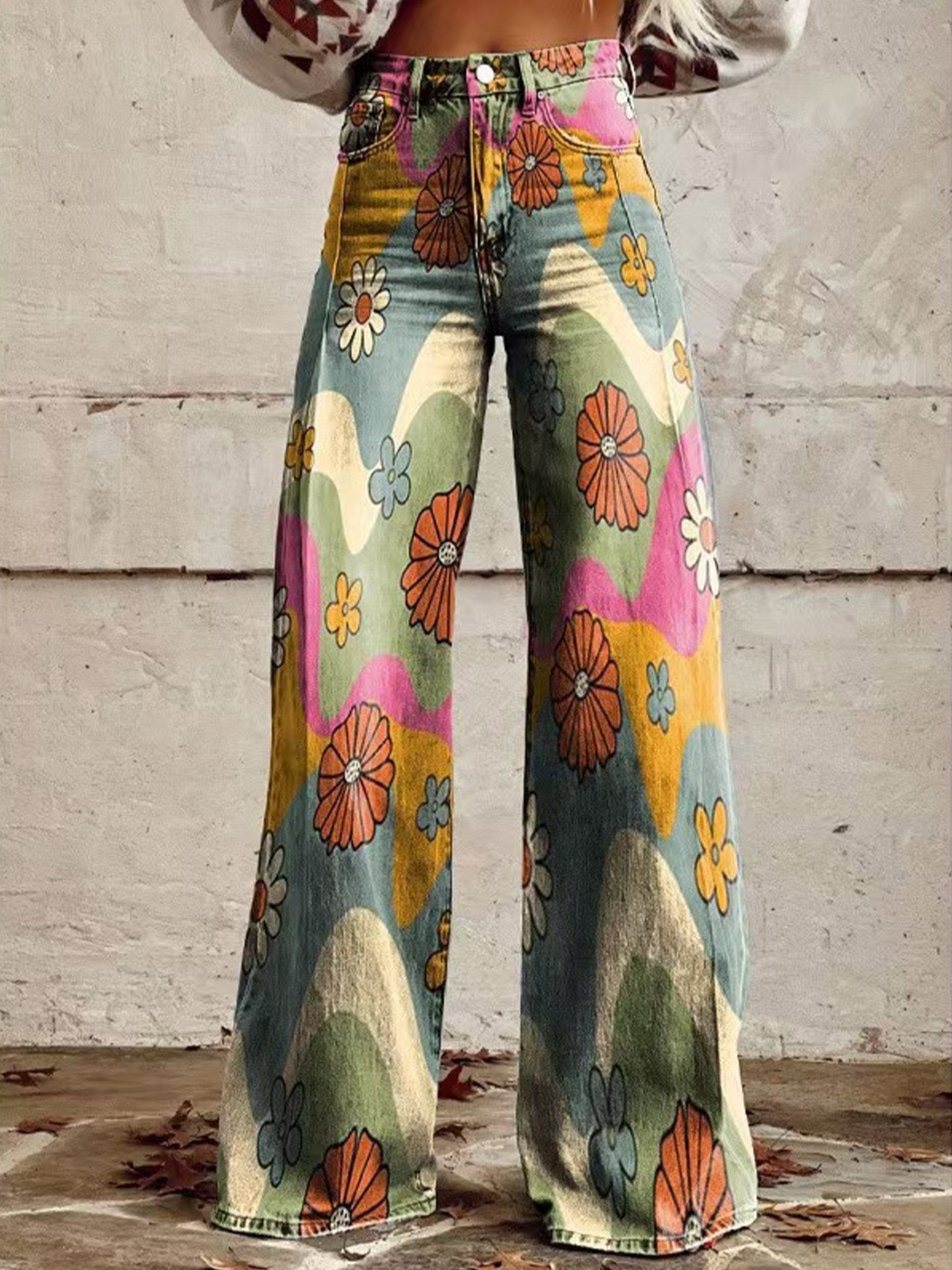 Floral-Print Satin High-Waisted Flowy Loose-Fit Straight-Leg Casual Pants