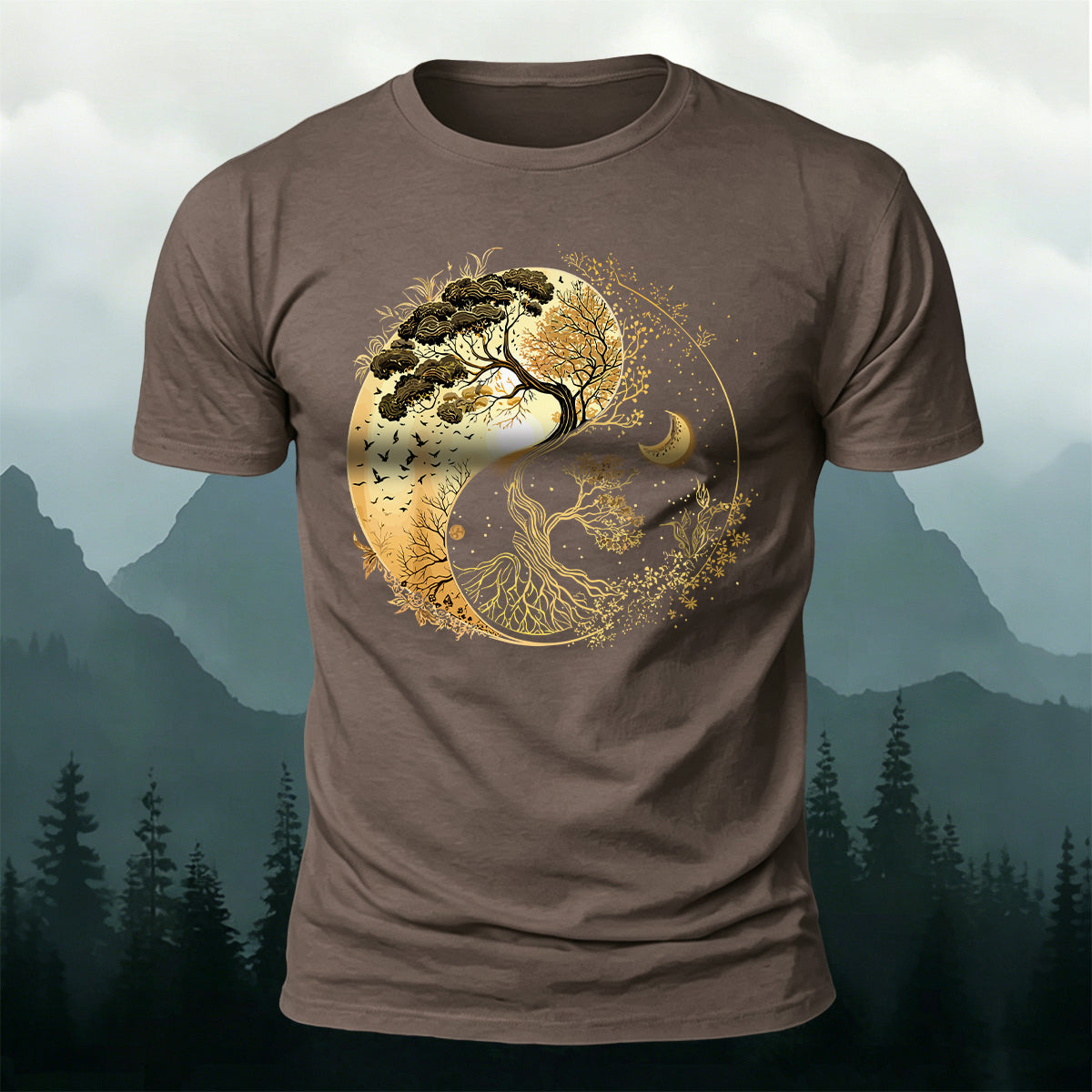 Yin-Yang Tai Chi Tree Design Casual Cotton T-Shirt