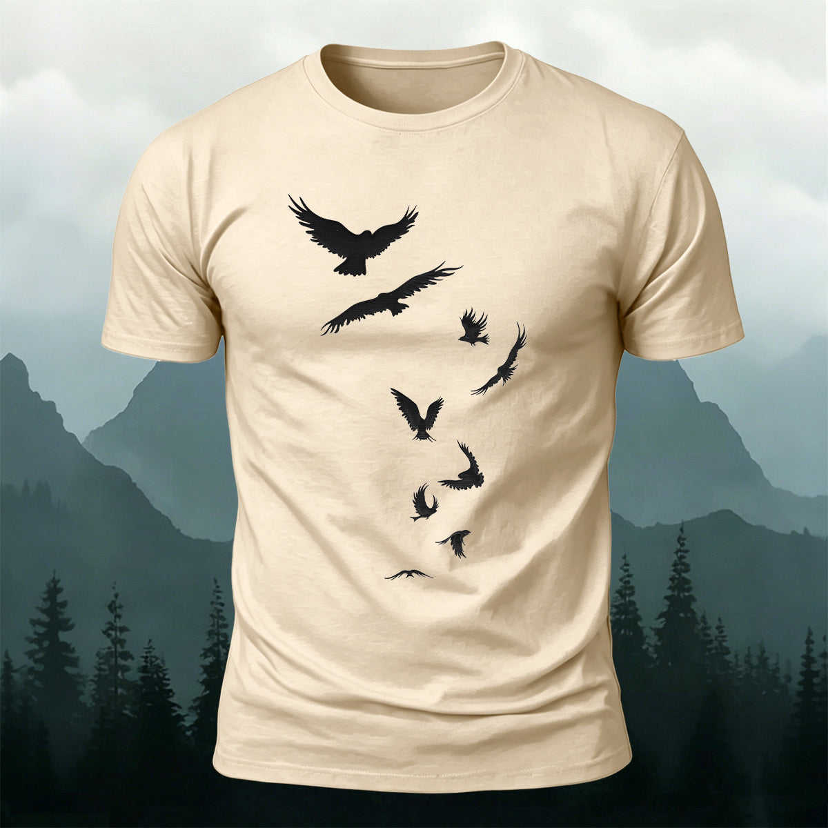 Free-Flying Birds Print Casual Cotton T-Shirt