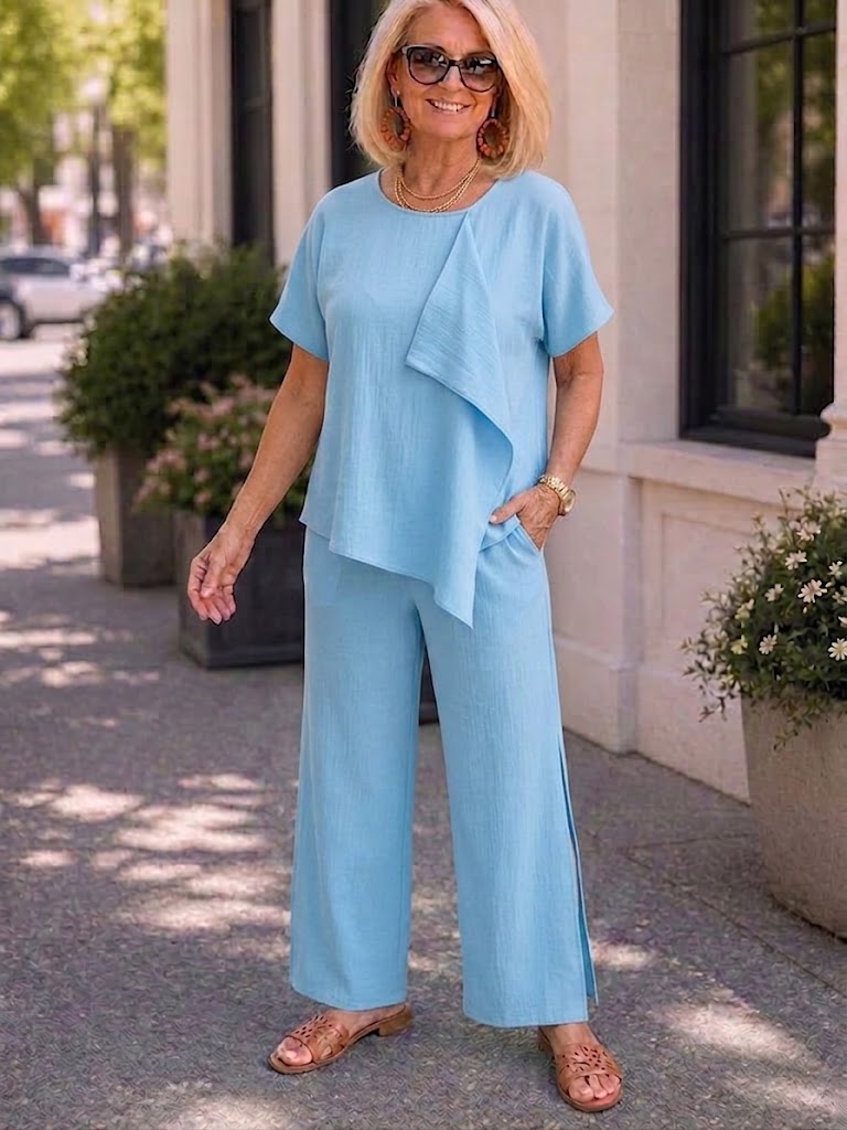 Round Neck Irregular Top Split Wide-leg Pants Set