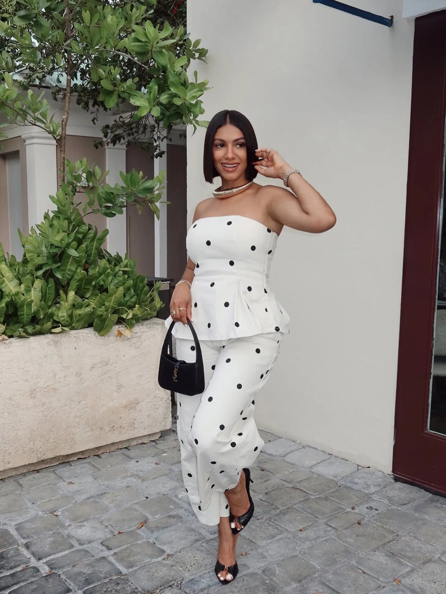 ⚪ Women's Elegant Polka Dot Strapless Peplum Top & Wide-Leg Pants Set