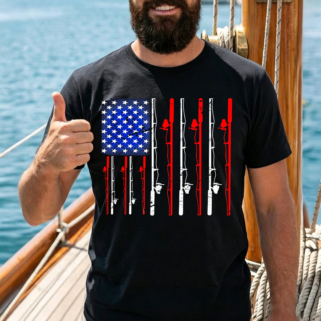 American-style Fishing Rod Pattern Cotton T-shirt