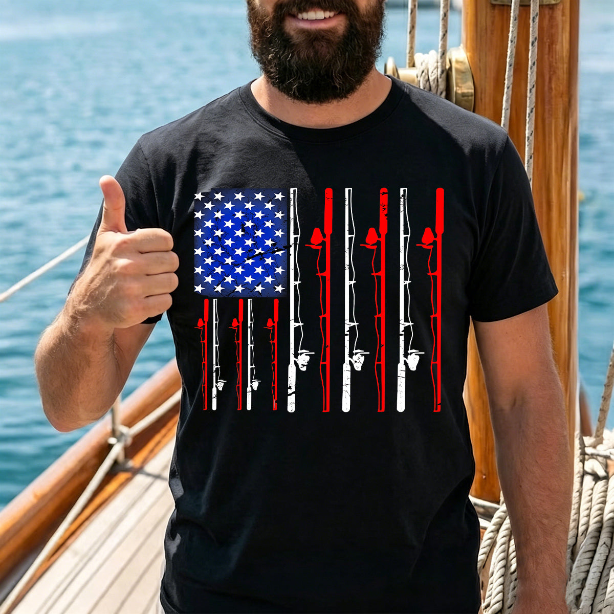 American-style Fishing Rod Pattern Cotton T-shirt
