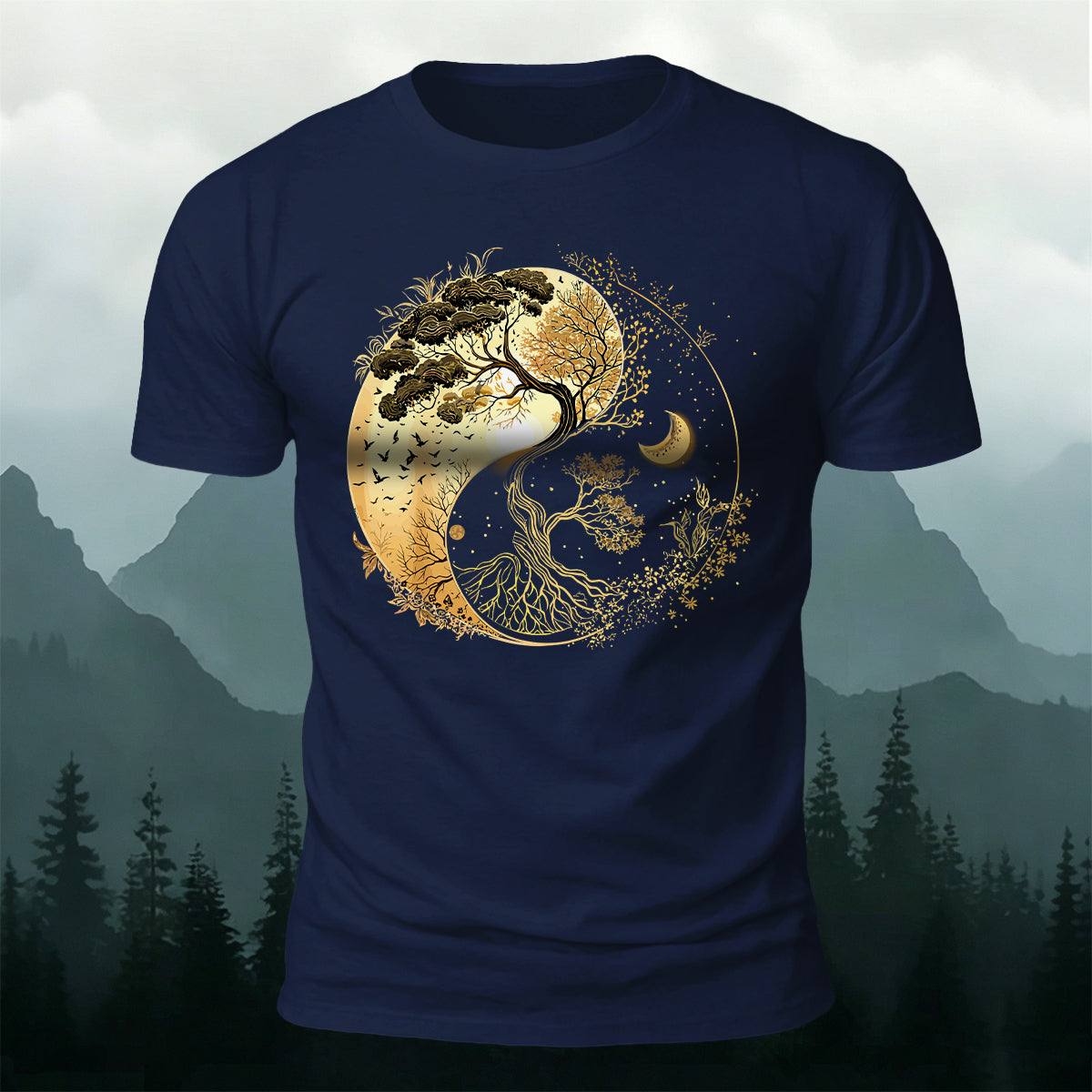 Yin-Yang Tai Chi Tree Design Casual Cotton T-Shirt