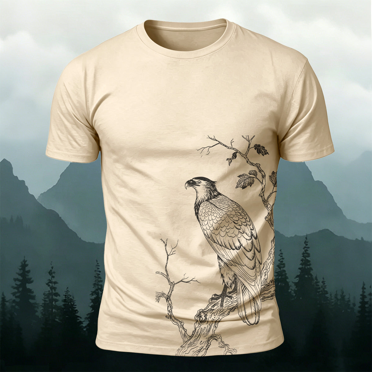 Bird-on-a-Branch PrintCasual 100% Cotton T-Shirt