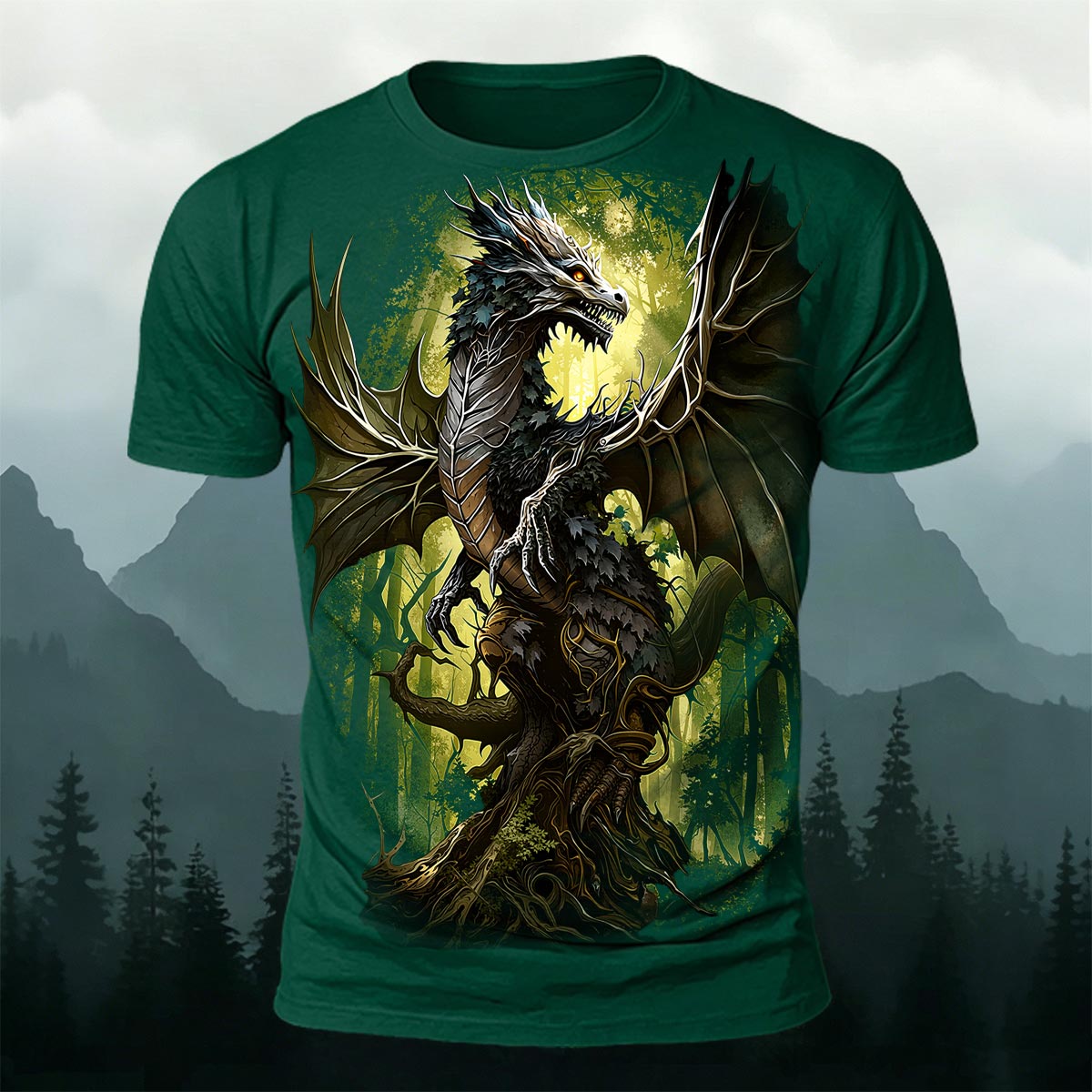 Retro Forest Dragon Print Outdoor T-Shirt