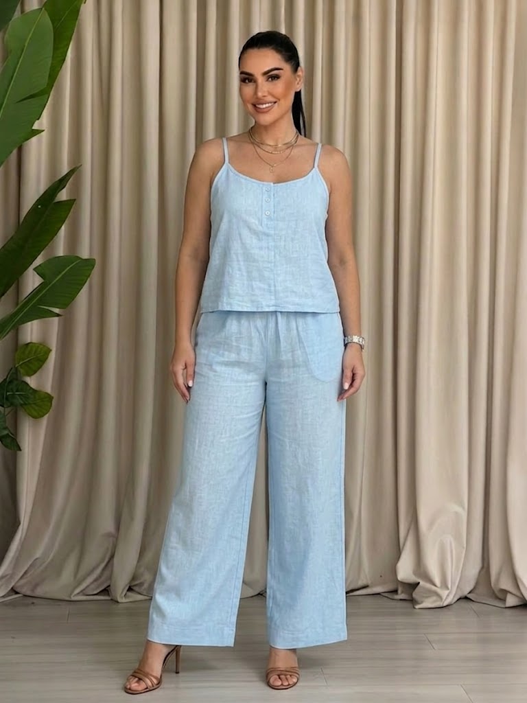 Summer Sleeveless Nude-Colored Cotton-Linen Set