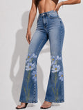 Women's Vintage-Style Floral Print Faux-Denim Trousers