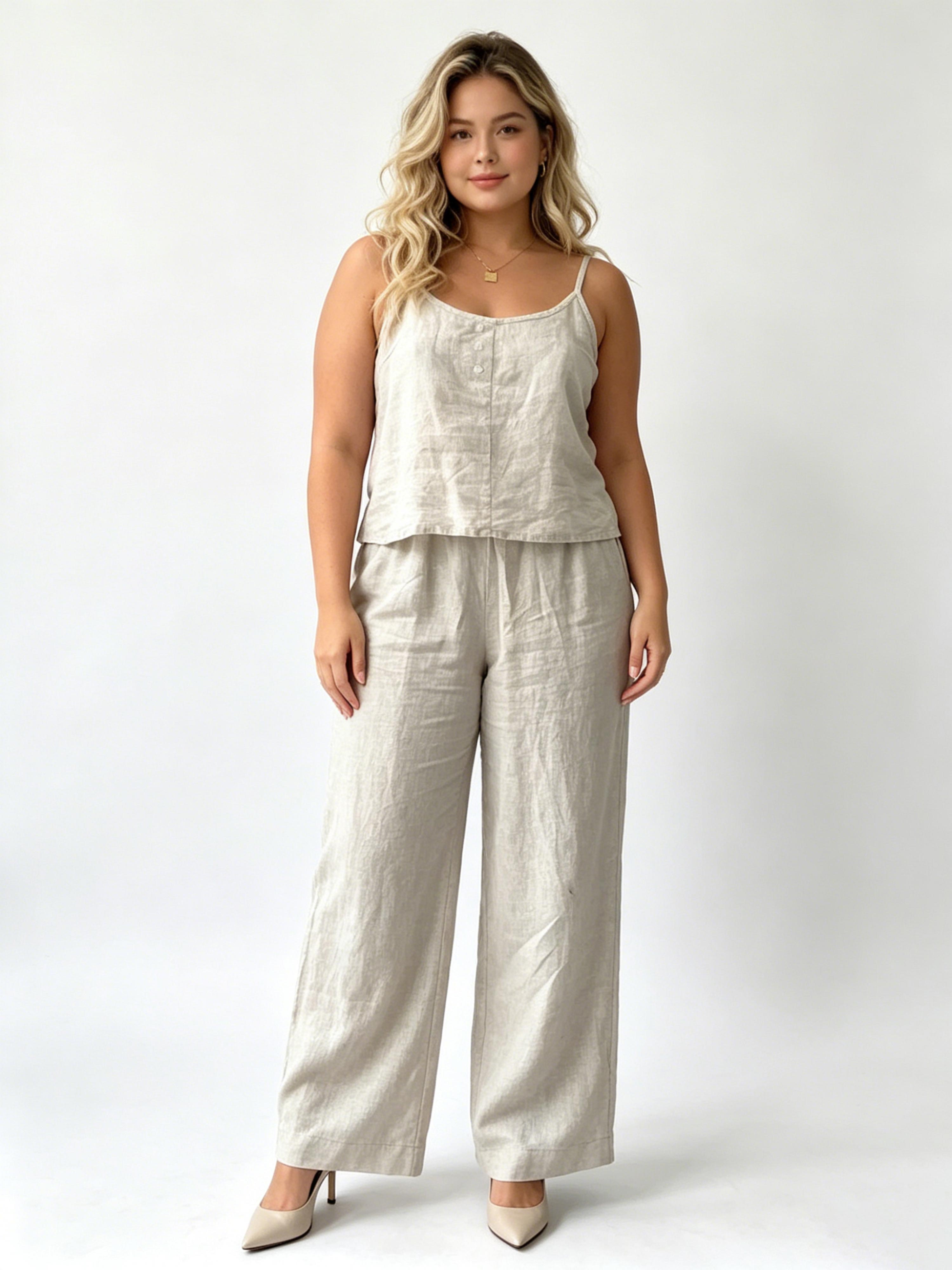 Summer Sleeveless Nude-Colored Cotton-Linen Set