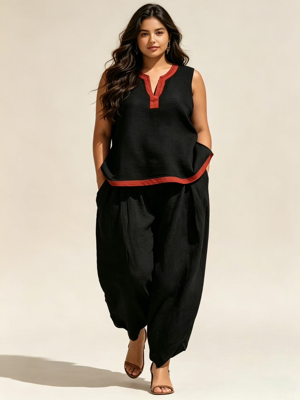 Summer Color-Blocked Cotton-Linen Fashion Two-Piece Set