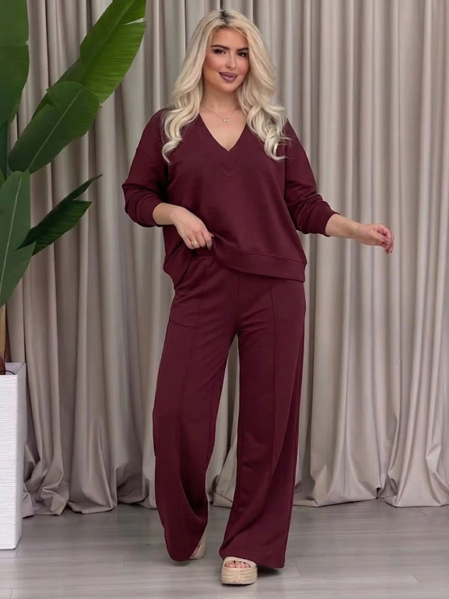 Women V-Neck Solid Color Loose Fashion Casual Set