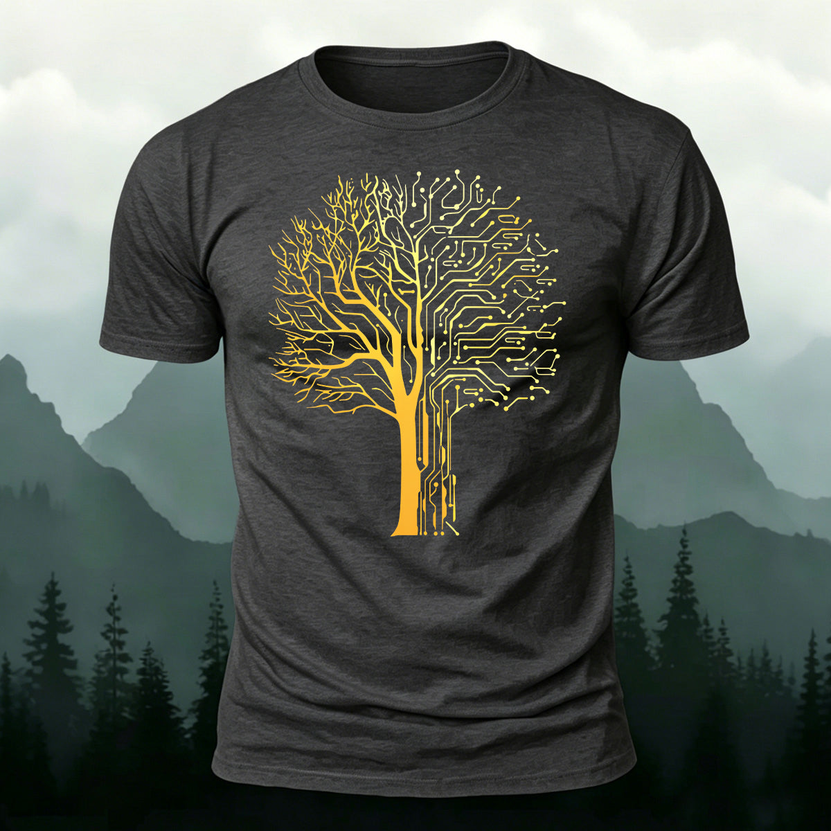 Tech-inspired tree print combed cotton T-shirt