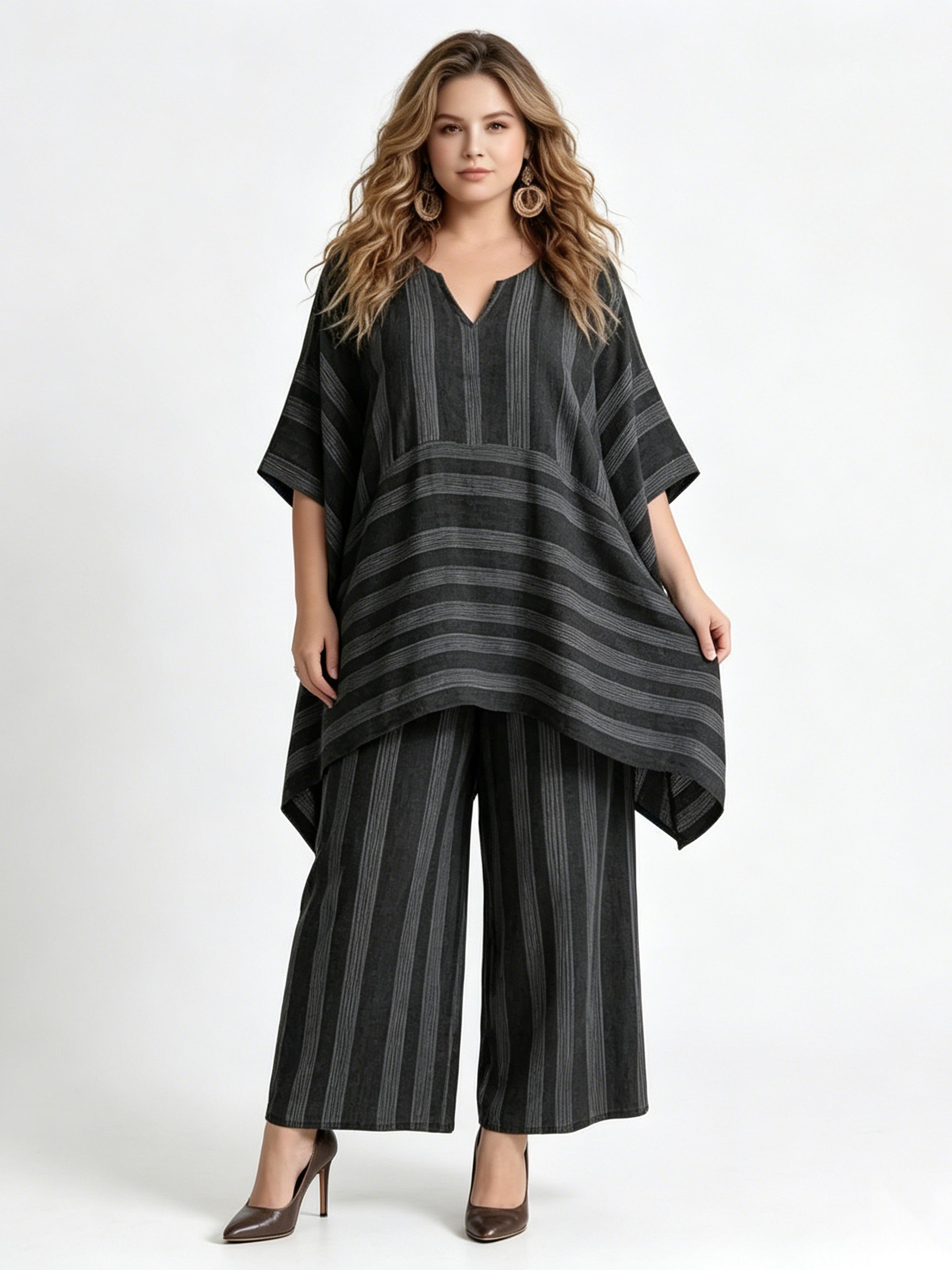 Stylish and Trendy V-Neck Loose-Fit Striped Casual Two-Piece Set