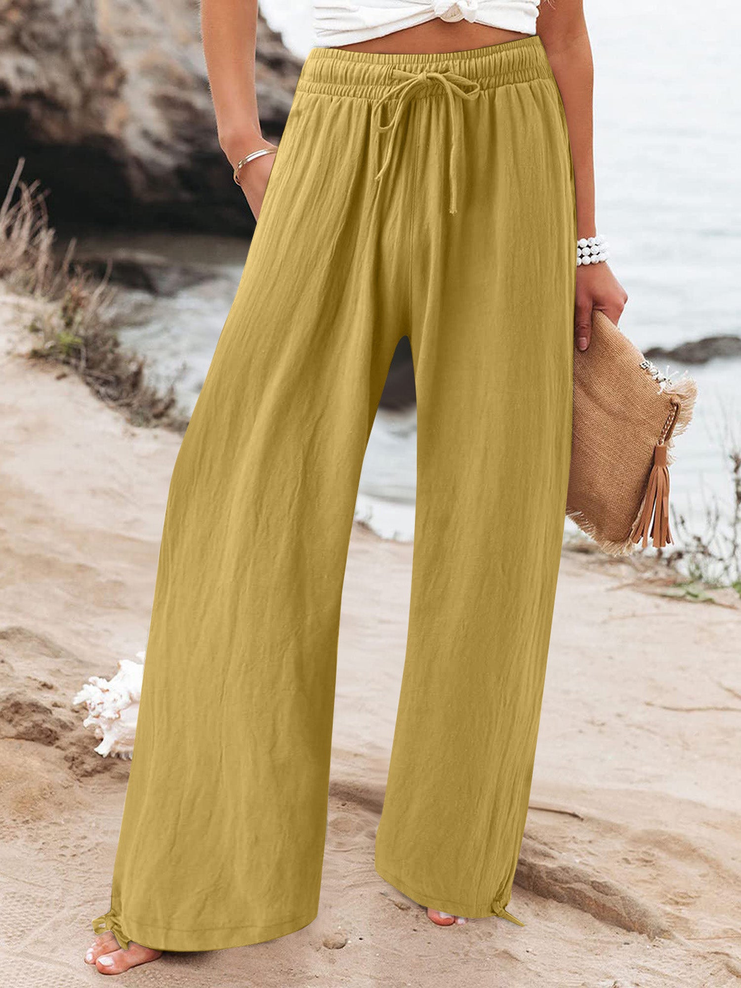 Elastic-Waist Casual Solid-Color Wide-Leg Pants
