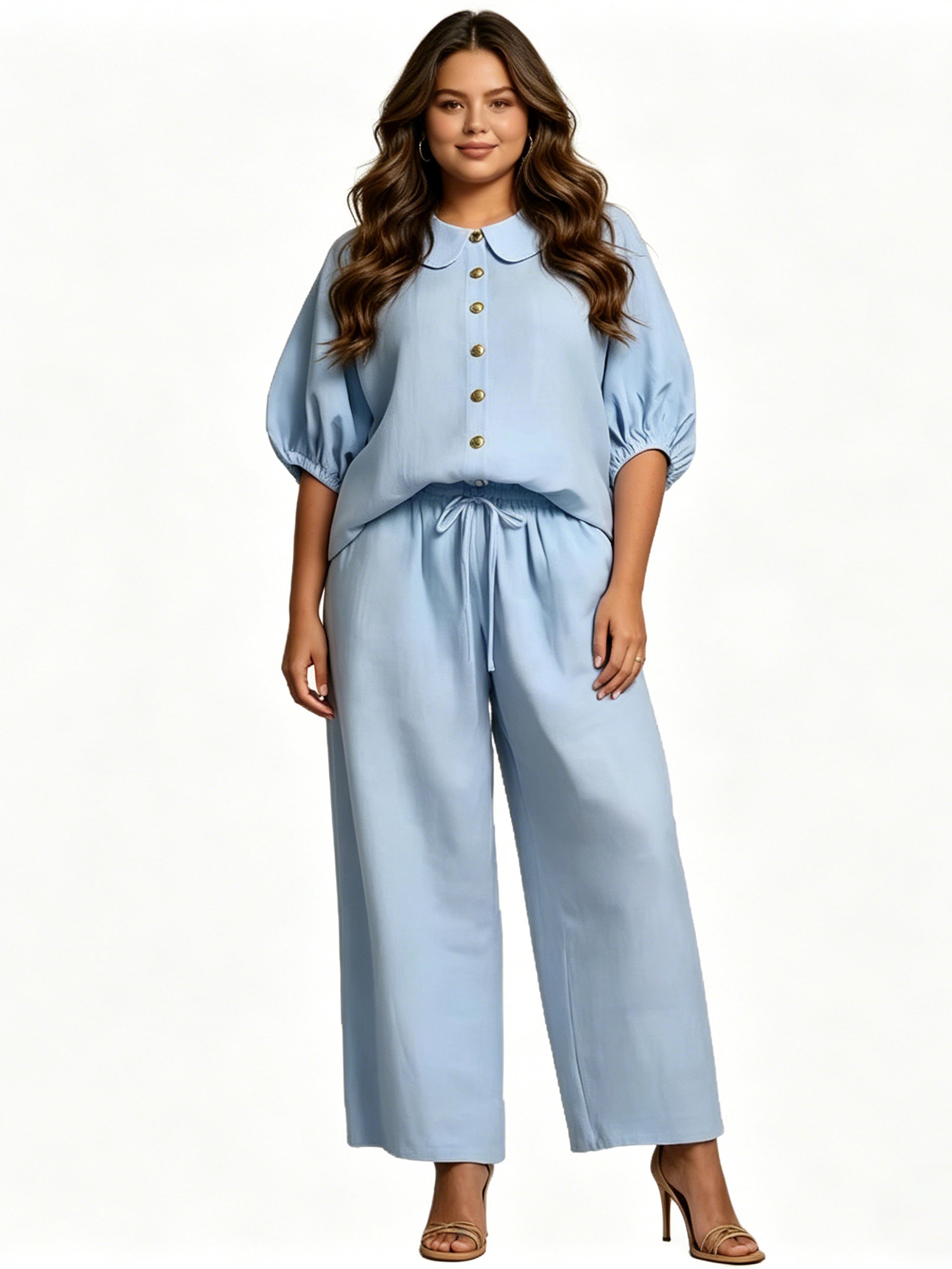 Fashionable Cotton-Linen Bell-Sleeve Shirt and Pants Set