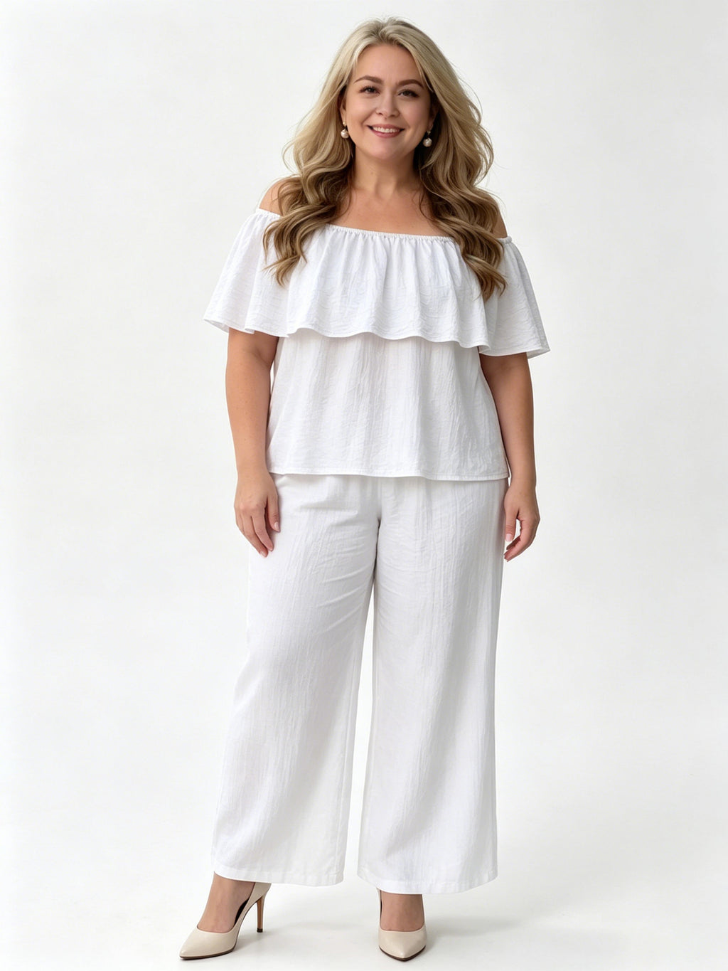 Off-the-shoulder Ruffled Top and Wide-leg Pants Casual Vacation Set