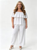 Off-the-shoulder Ruffled Top and Wide-leg Pants Casual Vacation Set