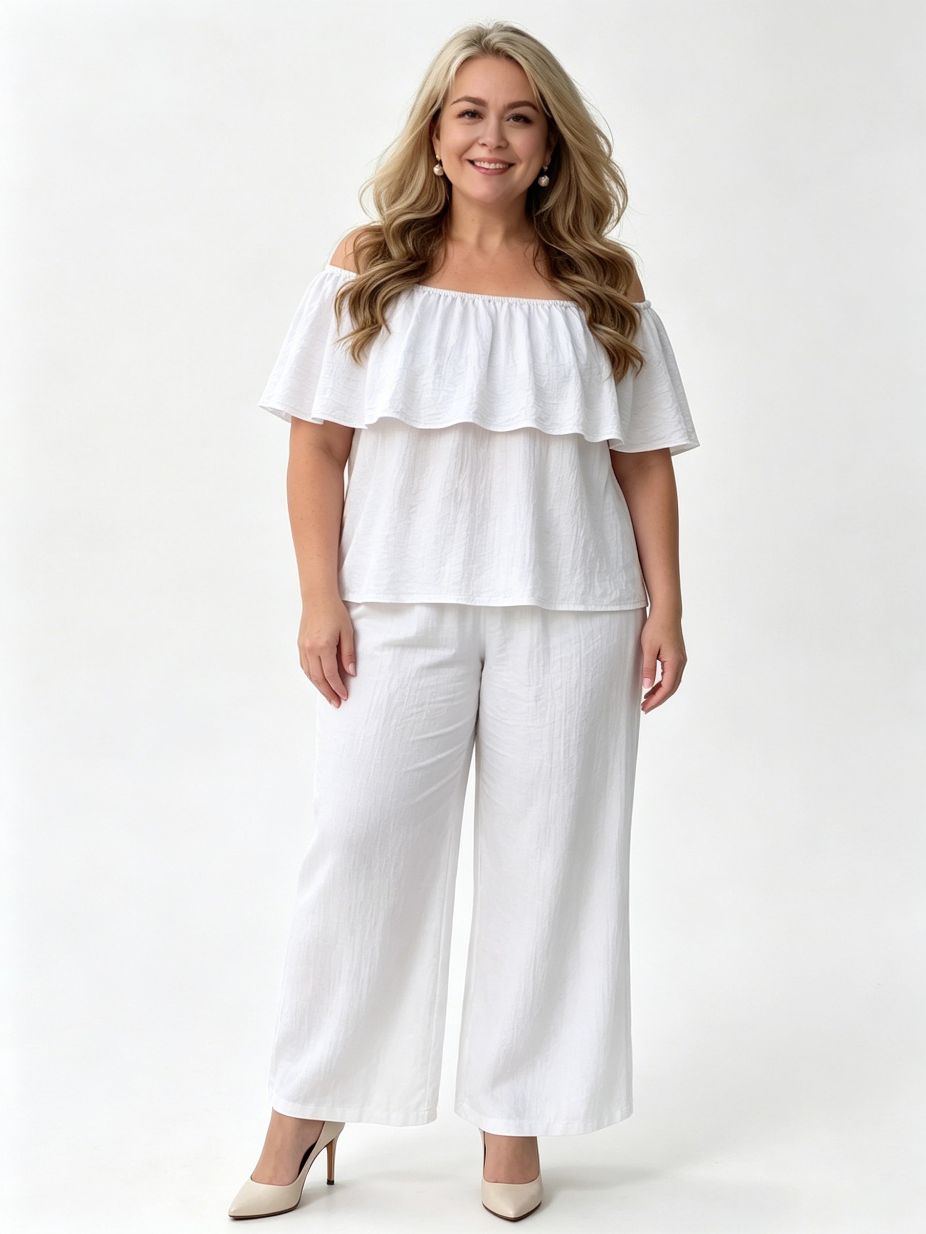 Off-the-shoulder Ruffled Top and Wide-leg Pants Casual Vacation Set