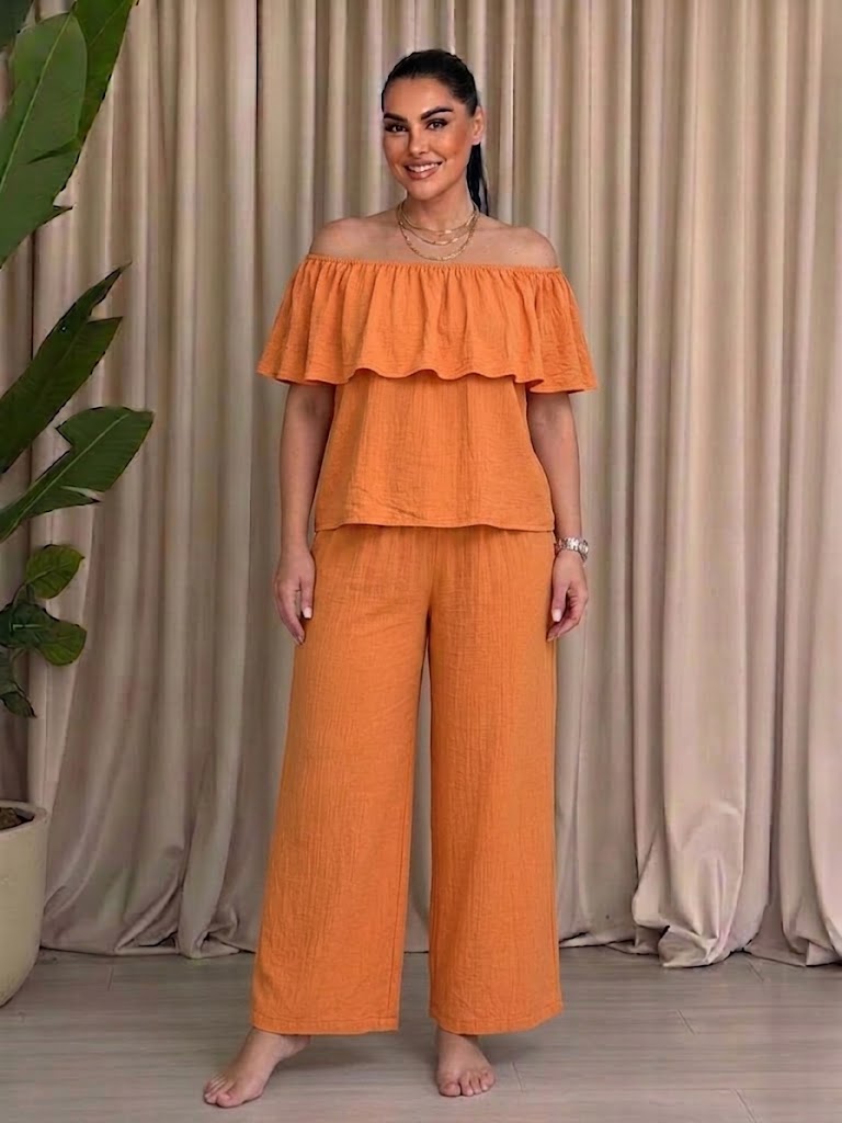 Off-the-shoulder Ruffled Top and Wide-leg Pants Casual Vacation Set