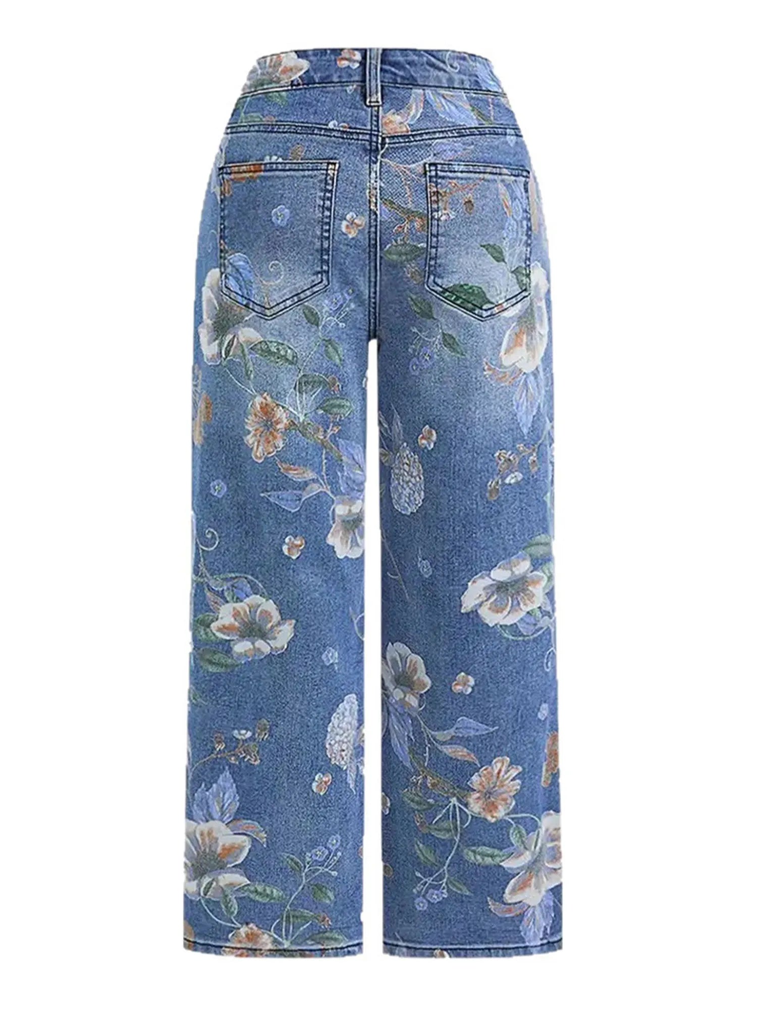 Women Floral Print Wide Leg Straight Denim Jeans