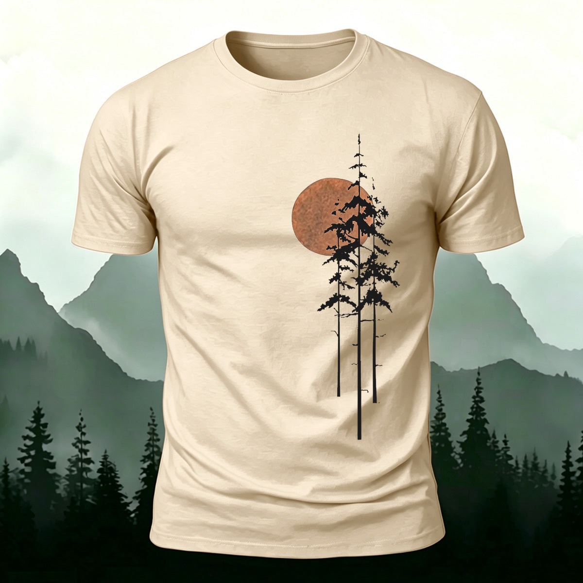 Retro Sunset Pine Tree Print Cotton T-Shirt