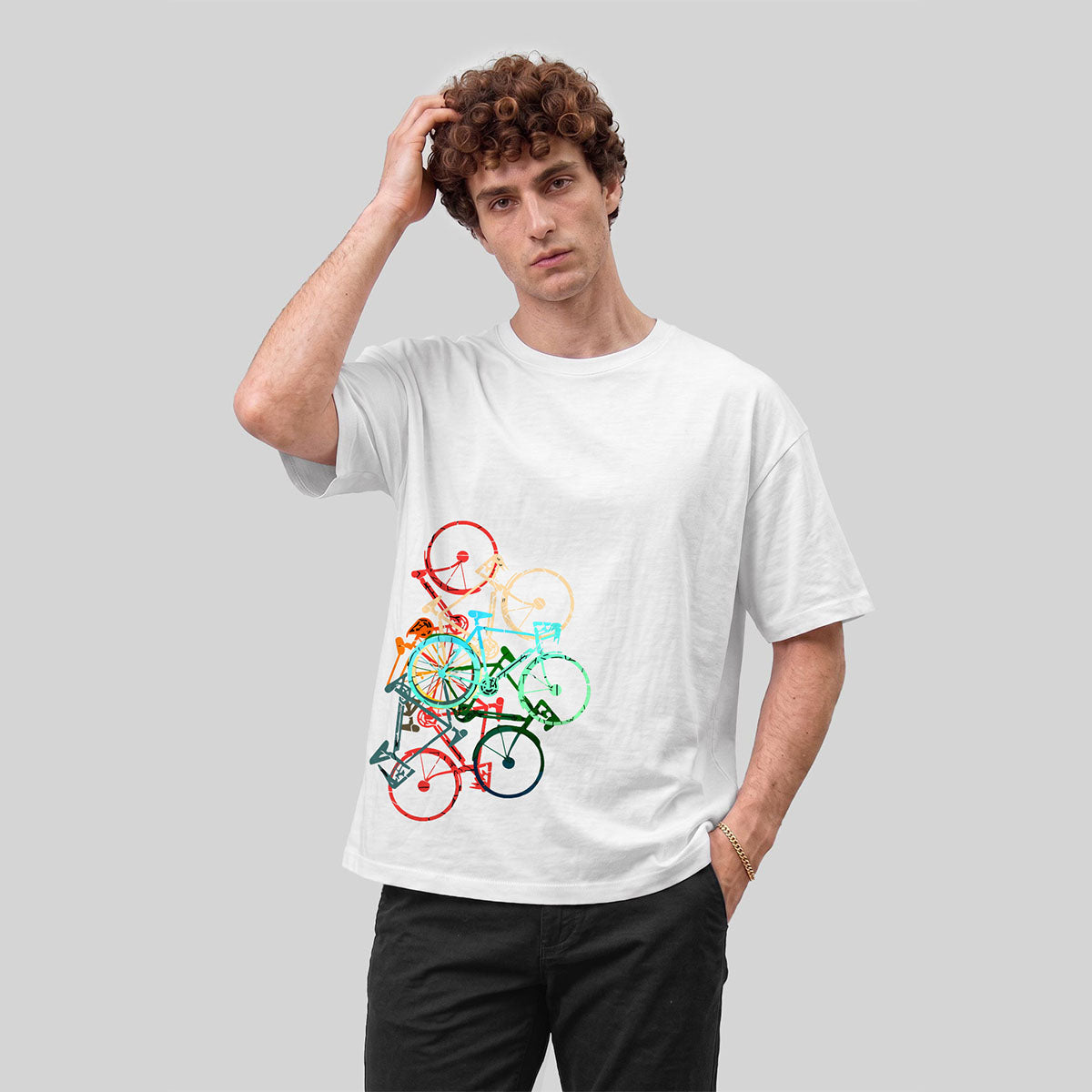 Colorful Bicycle Printed Soft-touch Feel Casual T-Shirt