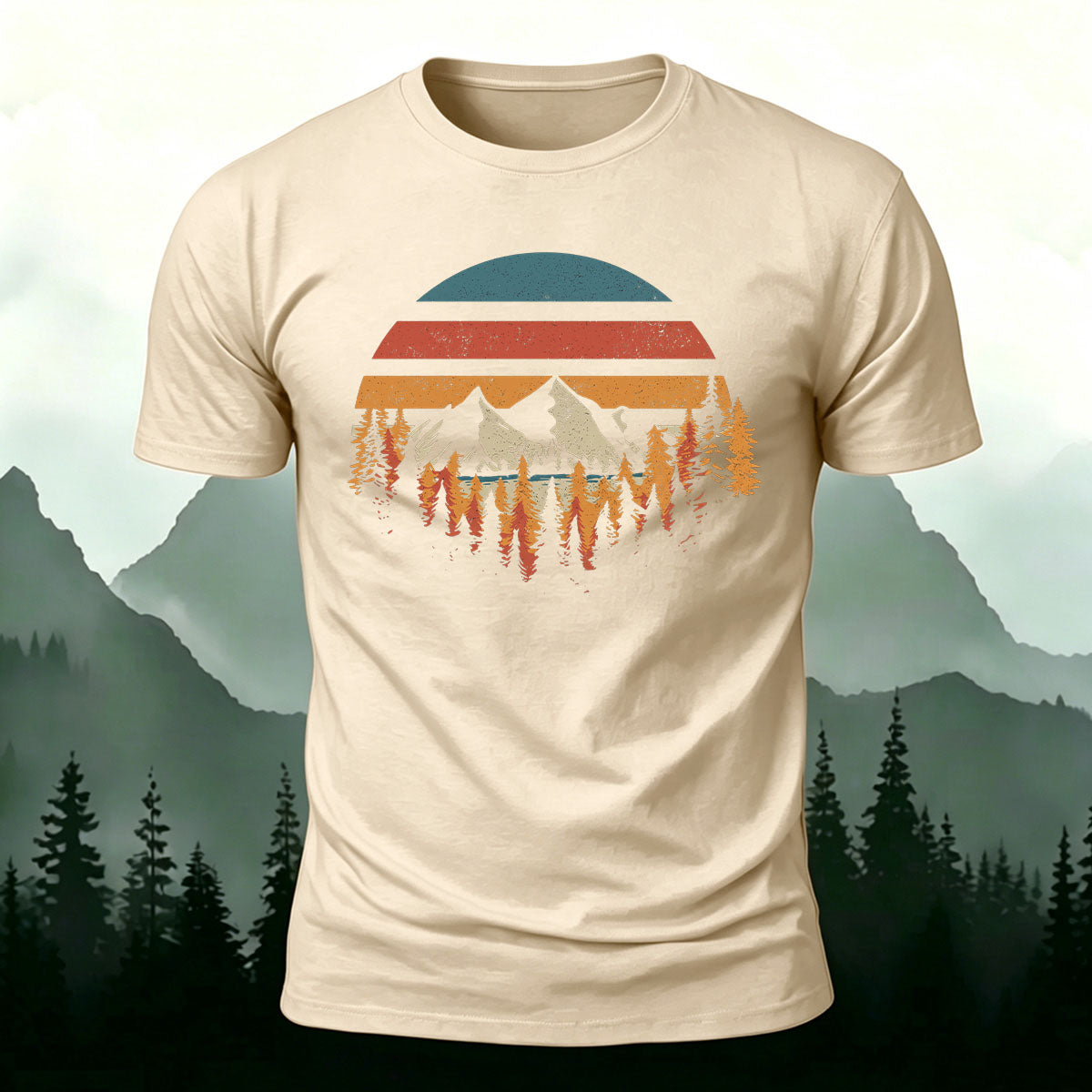 Mountain Landscape Pattern Retro Trend Cotton T-Shirt
