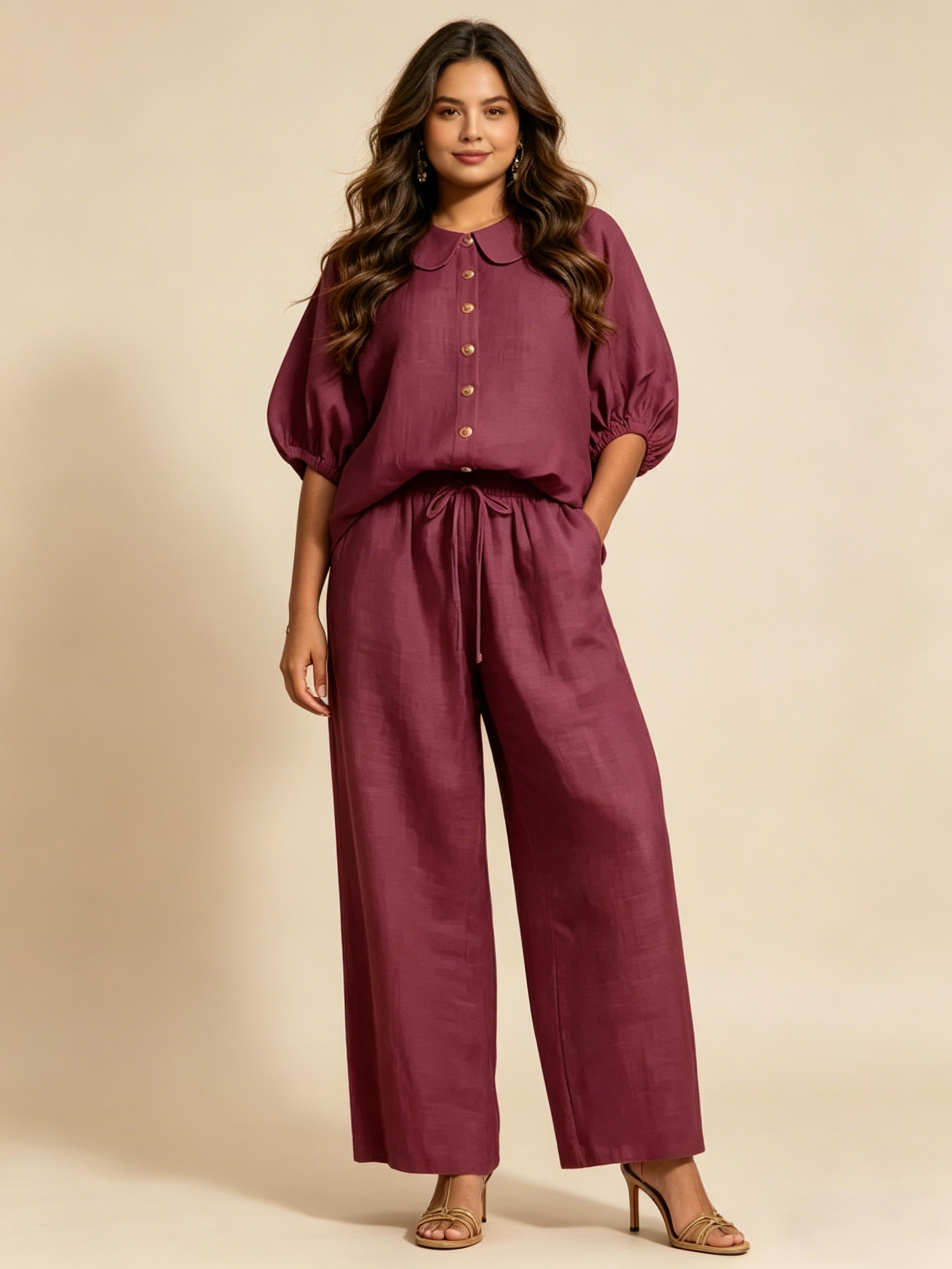 Fashionable Cotton-Linen Bell-Sleeve Shirt and Pants Set