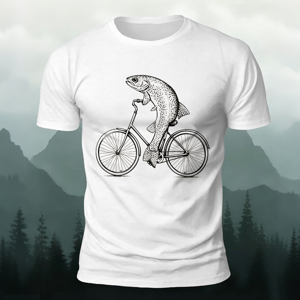 Fish Riding Bicycle Fun Pattern Cotton Casual T-Shirt