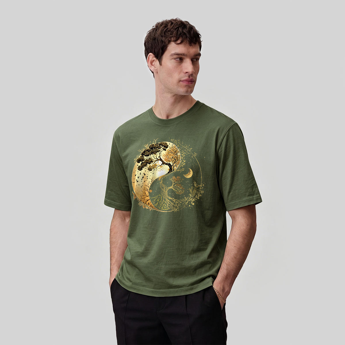 Yin-Yang Tai Chi Tree Design Casual Cotton T-Shirt