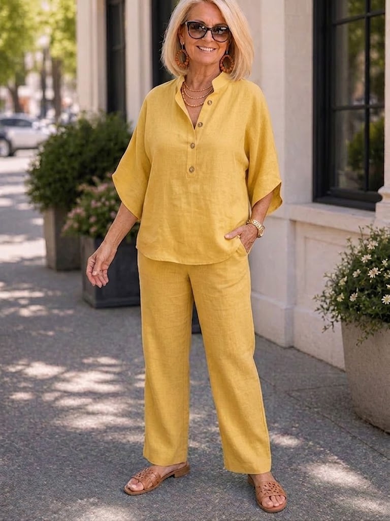 Cotton Linen 9/10 Sleeve Casual Chic Set