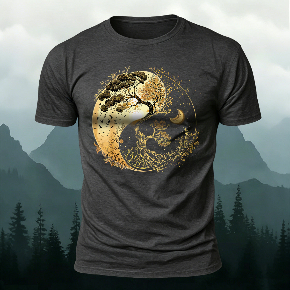 Yin-Yang Tai Chi Tree Design Casual Cotton T-Shirt