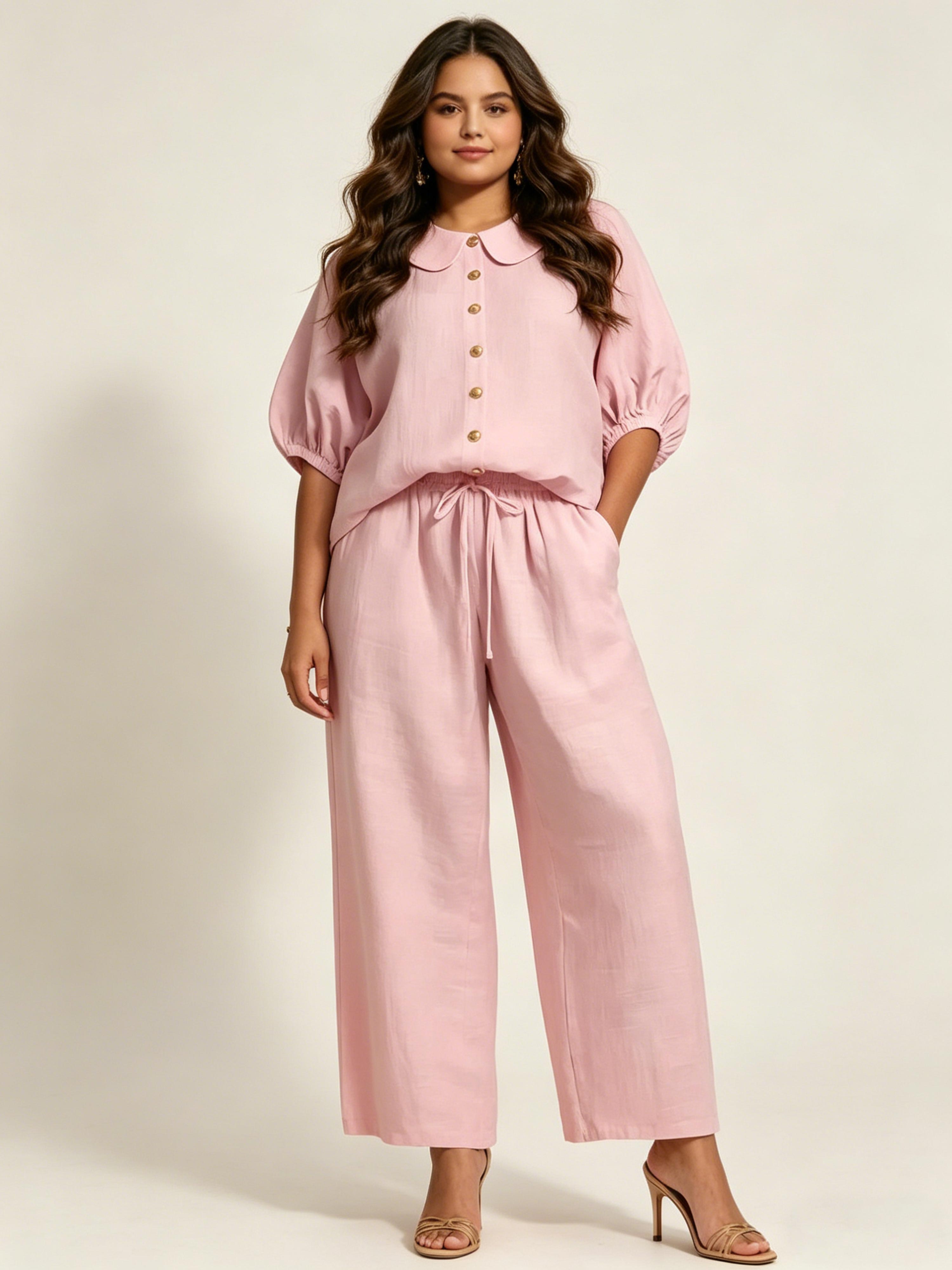 Fashionable Cotton-Linen Bell-Sleeve Shirt and Pants Set