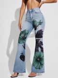 Women's Vintage Floral Print Faux-Denim Trousers